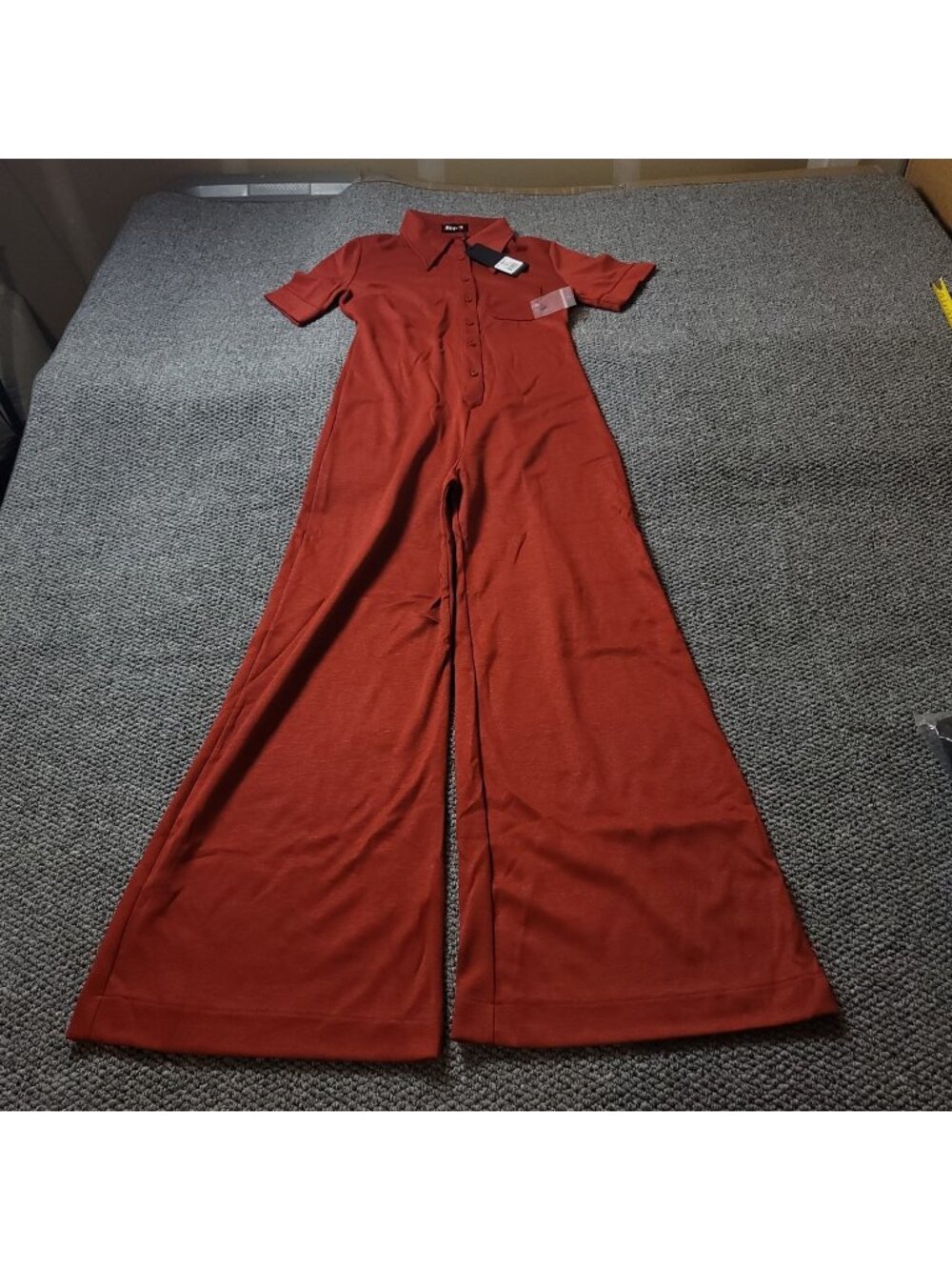 Suzie Kondi Ponte Jumpsuit Womens Large Rust Red Short Sleeve Wide Dashuri